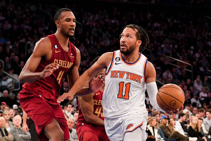 Dec 4, 2022; New York, New York, USA; New York Knicks guard Jalen Brunson (11) drives to the basket on Cleveland Cavaliers forward Evan Mobley (4) during the fourth quarter at Madison Square Garden. Mandatory Credit: Dennis Schneidler-USA TODAY Sports